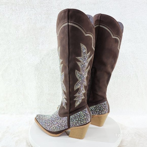 Crystal Dark Brown Multi Rhinestones Country Glam Western Cowgirl Knee Boots - Picture 15 of 17